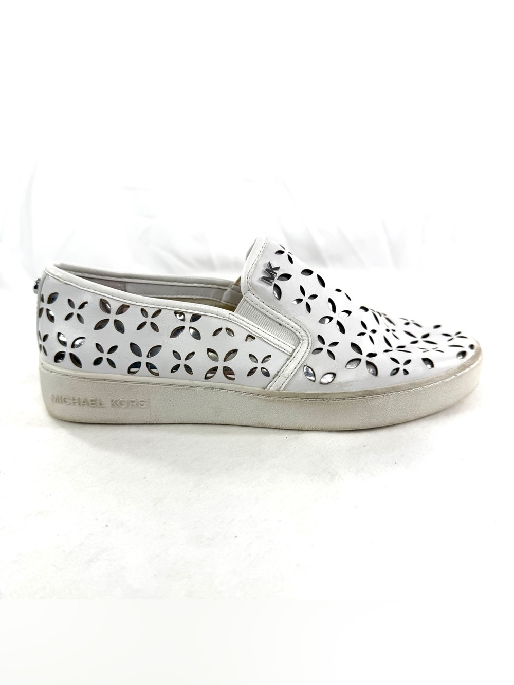 Michael Kors Women Size 6.5 White Leather Laser Cut Sneaker Silver Underlay Logo